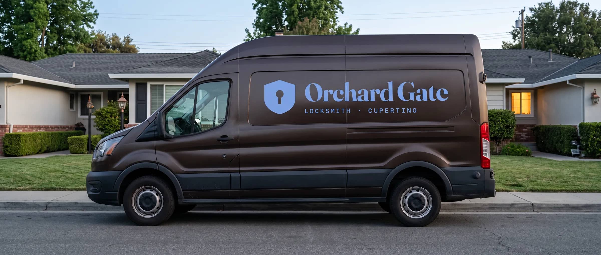 Orchard Gate van parked at the curb on a Cupertino street at dusk